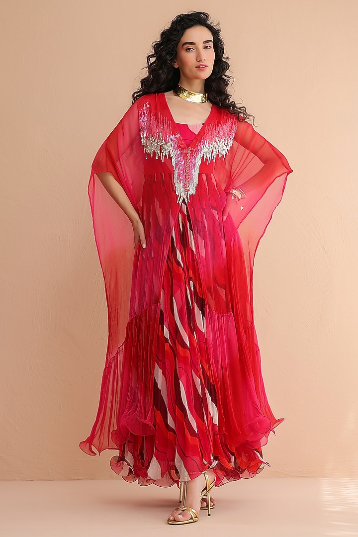 Rose Pink & Red Chiffon Hand Embroidered Kaftan With Dress by Pallavi Jaipur at Pernia's Pop Up Shop