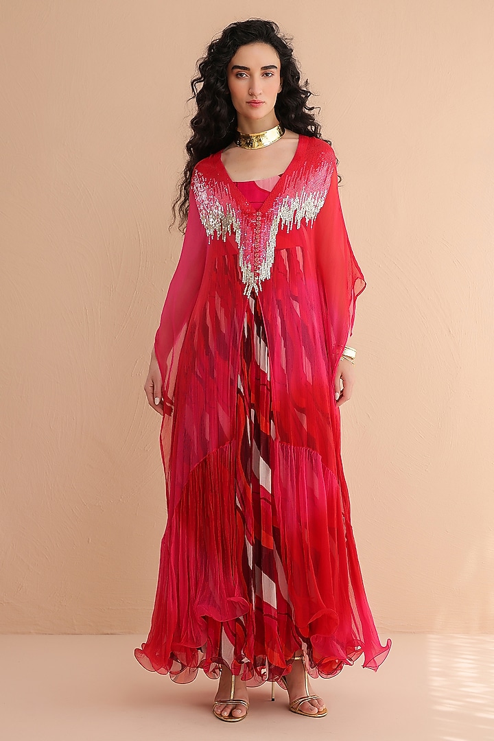 Rose Pink & Red Chiffon Hand Embroidered Kaftan With Dress by Pallavi Jaipur at Pernia's Pop Up Shop