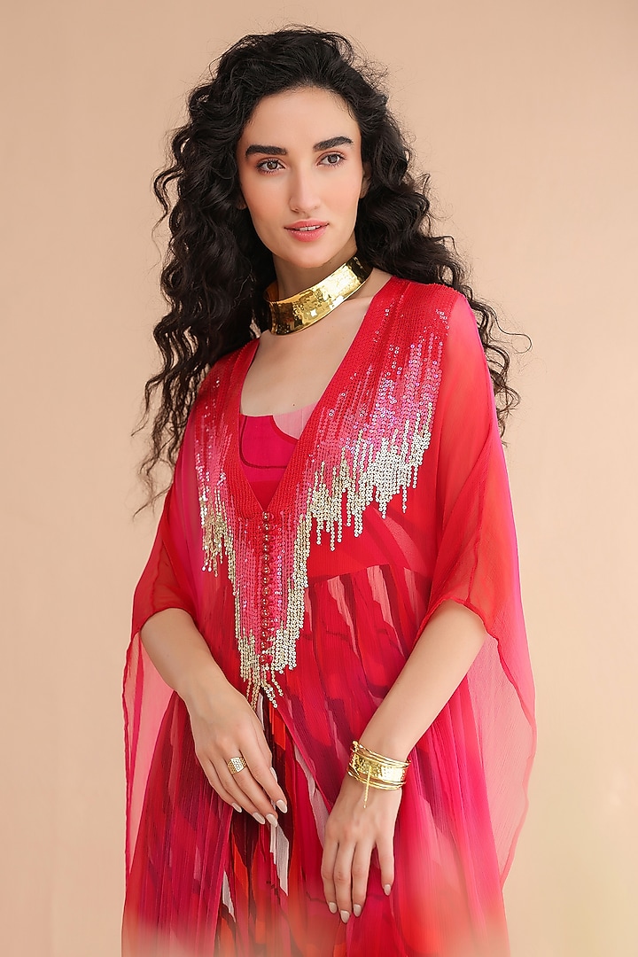 Rose Pink & Red Chiffon Hand Embroidered Kaftan With Dress by Pallavi Jaipur at Pernia's Pop Up Shop