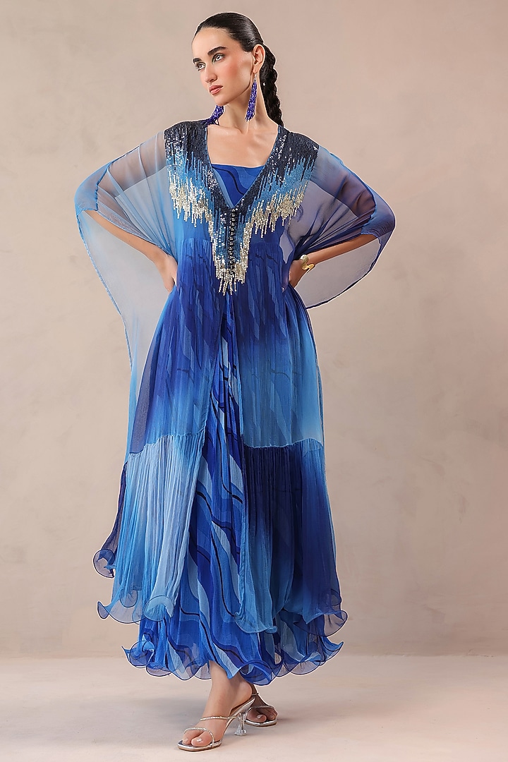 Amber & Ocean Blue Chiffon Hand Embroidered Kaftan With Dress by Pallavi Jaipur at Pernia's Pop Up Shop