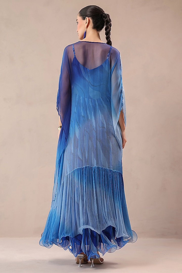 Amber & Ocean Blue Chiffon Hand Embroidered Kaftan With Dress by Pallavi Jaipur at Pernia's Pop Up Shop