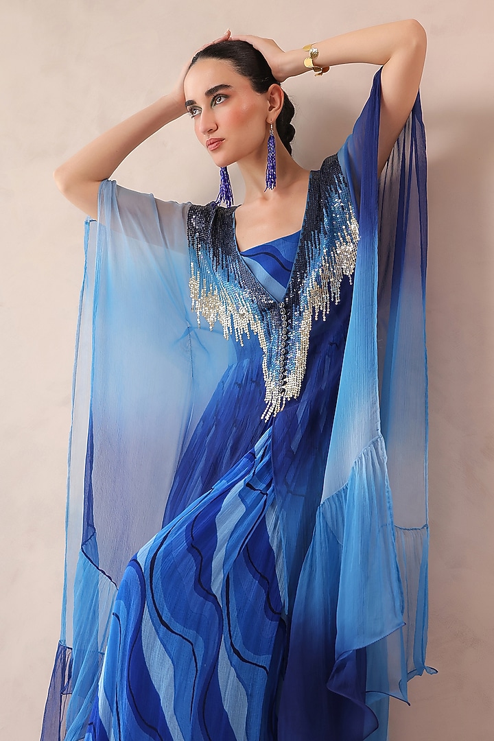 Amber & Ocean Blue Chiffon Hand Embroidered Kaftan With Dress by Pallavi Jaipur at Pernia's Pop Up Shop
