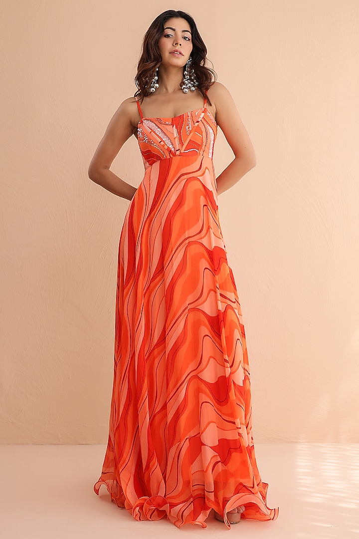 Tangerine Chiffon Hand Embroidered Maxi Vacation Dress by Pallavi Jaipur at Pernia's Pop Up Shop