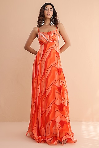 Tangerine Chiffon Hand Embroidered Maxi Dress by Pallavi Jaipur