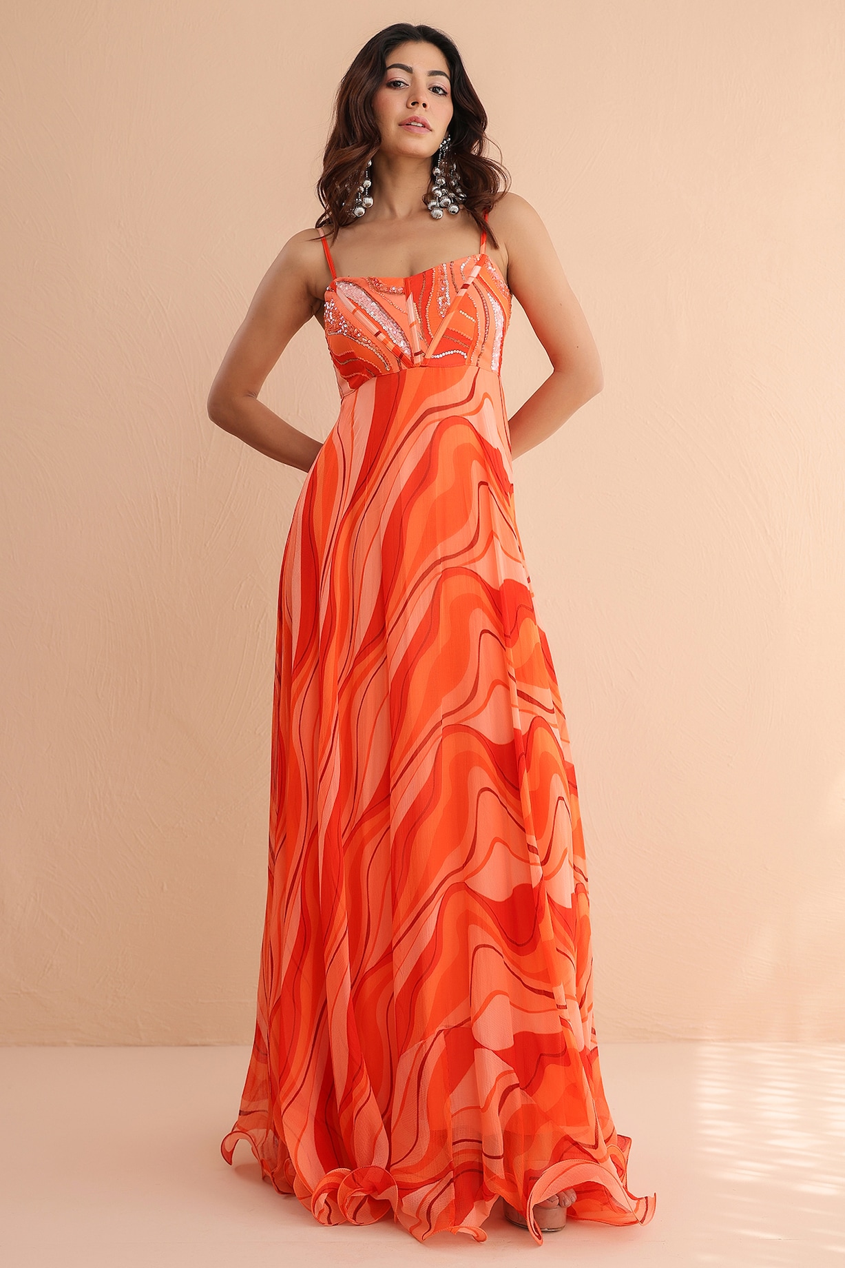 Pernia's Pop-Up Shop Women - Pallavi Jaipur Tangerine Chiffon Hand Embroidered Maxi Dress