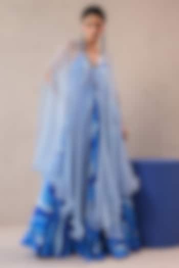 Atlantic Blue & Sky Blue Silk Blend Leheriya Printed Jacket Vacation Dress by Pallavi Jaipur at Pernia's Pop Up Shop