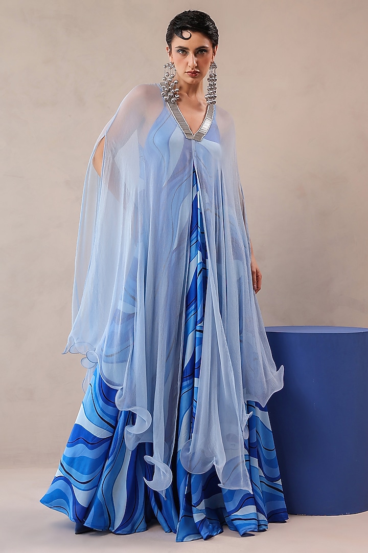 Atlantic Blue & Sky Blue Silk Blend Leheriya Printed Jacket Vacation Dress by Pallavi Jaipur at Pernia's Pop Up Shop