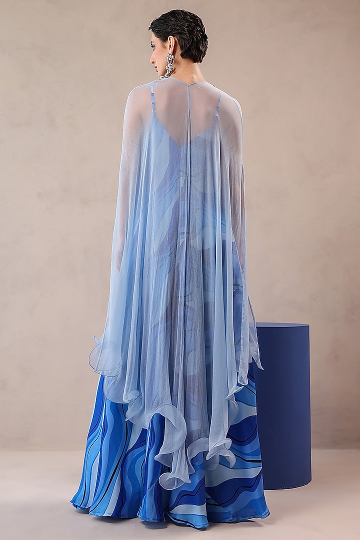 Atlantic Blue & Sky Blue Silk Blend Leheriya Printed Jacket Vacation Dress by Pallavi Jaipur at Pernia's Pop Up Shop