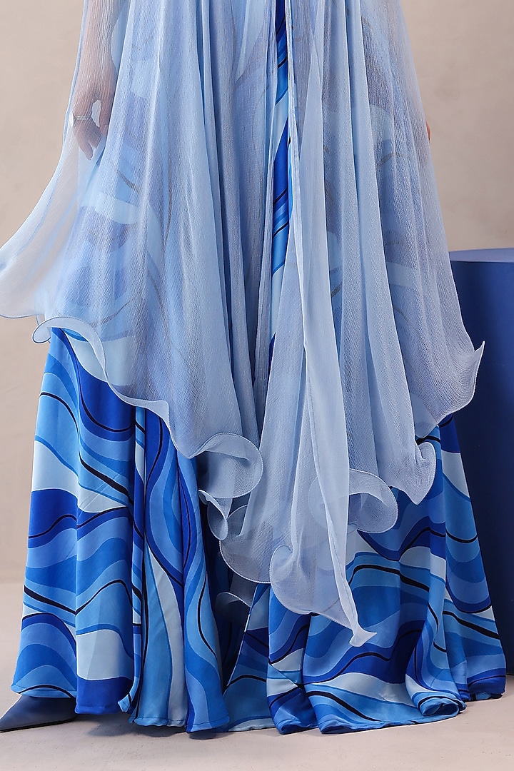 Atlantic Blue & Sky Blue Silk Blend Leheriya Printed Jacket Vacation Dress by Pallavi Jaipur at Pernia's Pop Up Shop