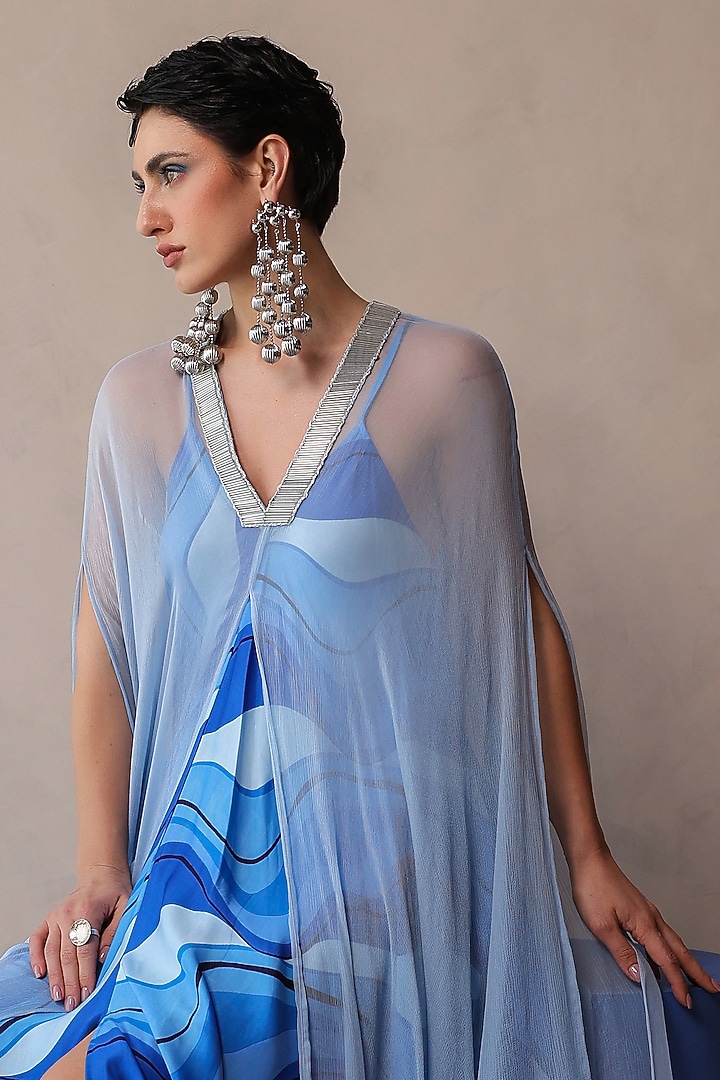 Atlantic Blue & Sky Blue Silk Blend Leheriya Printed Jacket Vacation Dress by Pallavi Jaipur at Pernia's Pop Up Shop