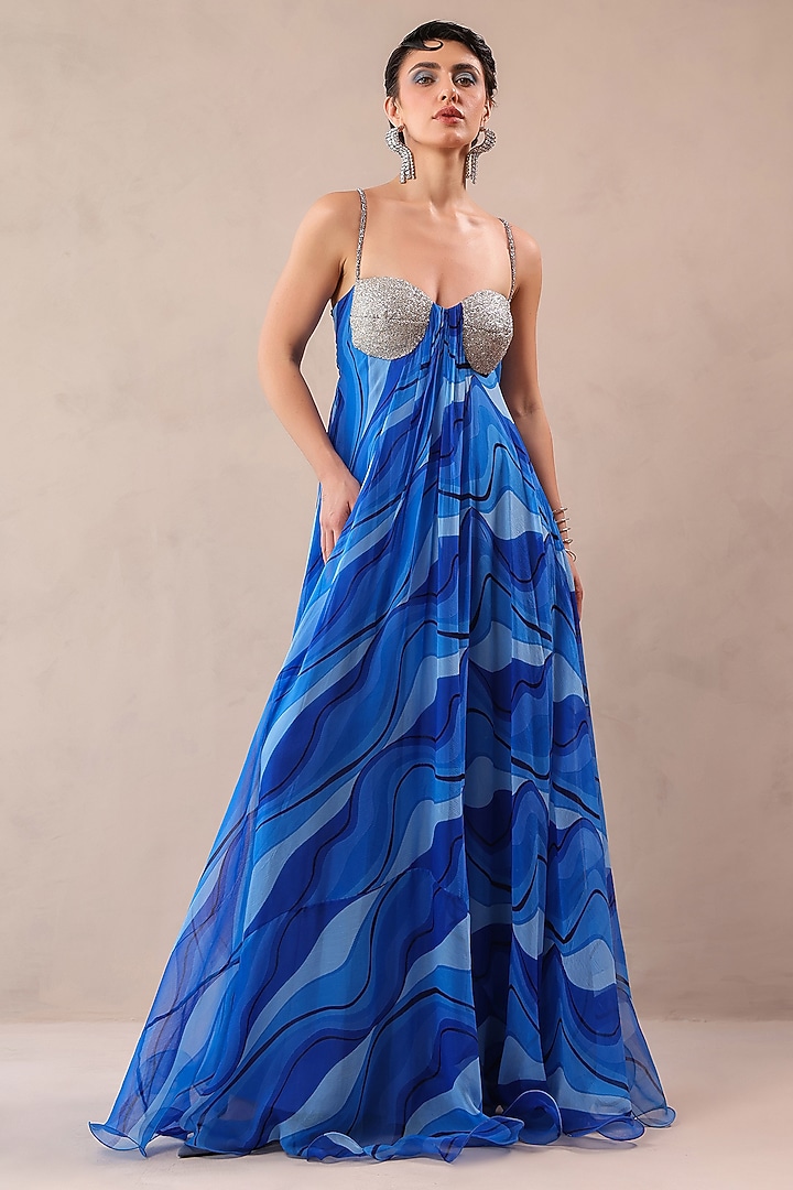 Atlantic Blue Chiffon Hand Embroidered Maxi Vacation Dress by Pallavi Jaipur at Pernia's Pop Up Shop