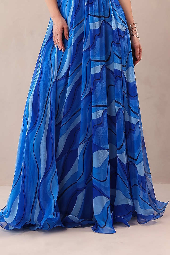 Atlantic Blue Chiffon Hand Embroidered Maxi Vacation Dress by Pallavi Jaipur at Pernia's Pop Up Shop