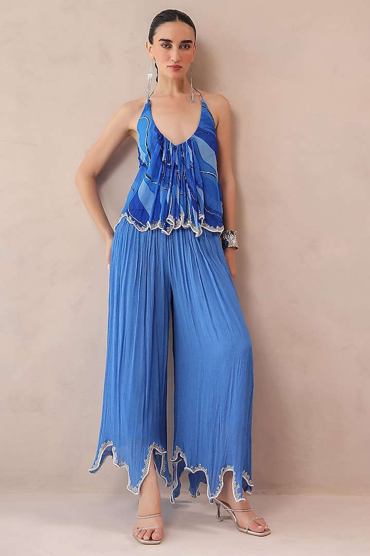 Ocean Blue Wrinkle Crepe Hand Embroidered Palazzo Pant Set by Pallavi Jaipur at Pernia's Pop Up Shop