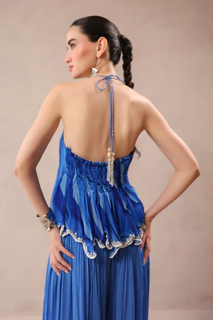 Ocean Blue Wrinkle Crepe Hand Embroidered Palazzo Pant Set by Pallavi Jaipur at Pernia's Pop Up Shop