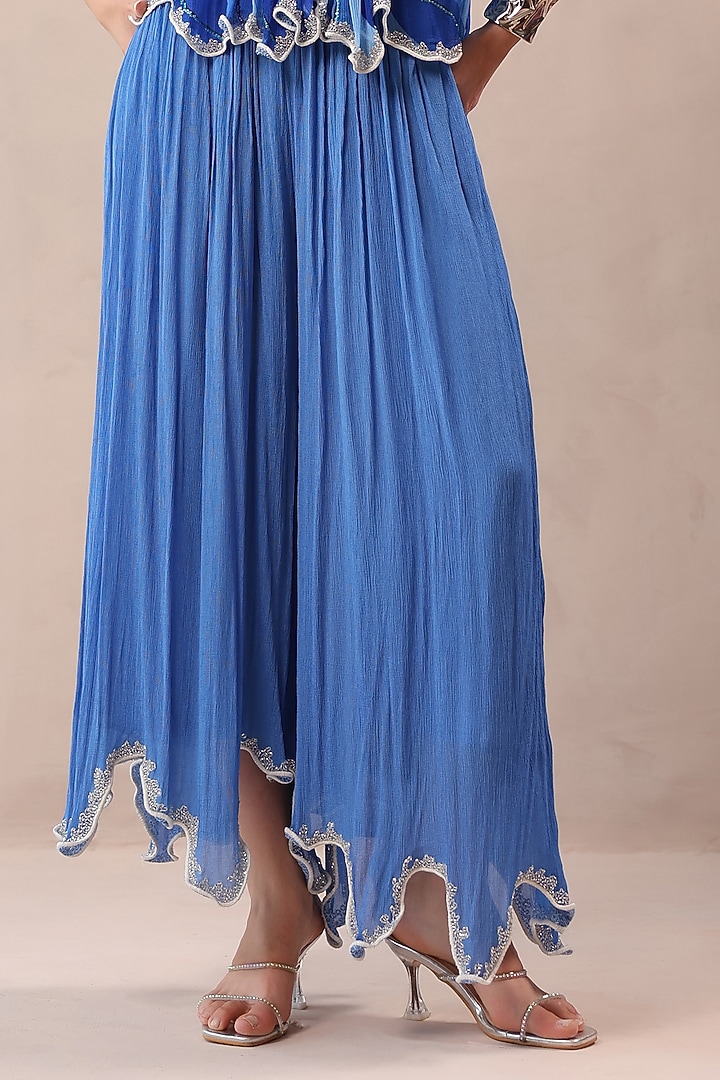 Ocean Blue Wrinkle Crepe Hand Embroidered Palazzo Pant Set by Pallavi Jaipur at Pernia's Pop Up Shop