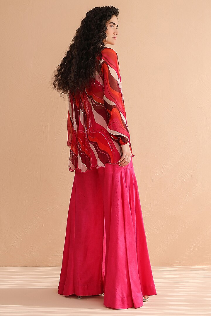 Fuchsia Pink Chiffon Leheriya Printed Tunic Set by Pallavi Jaipur at Pernia's Pop Up Shop