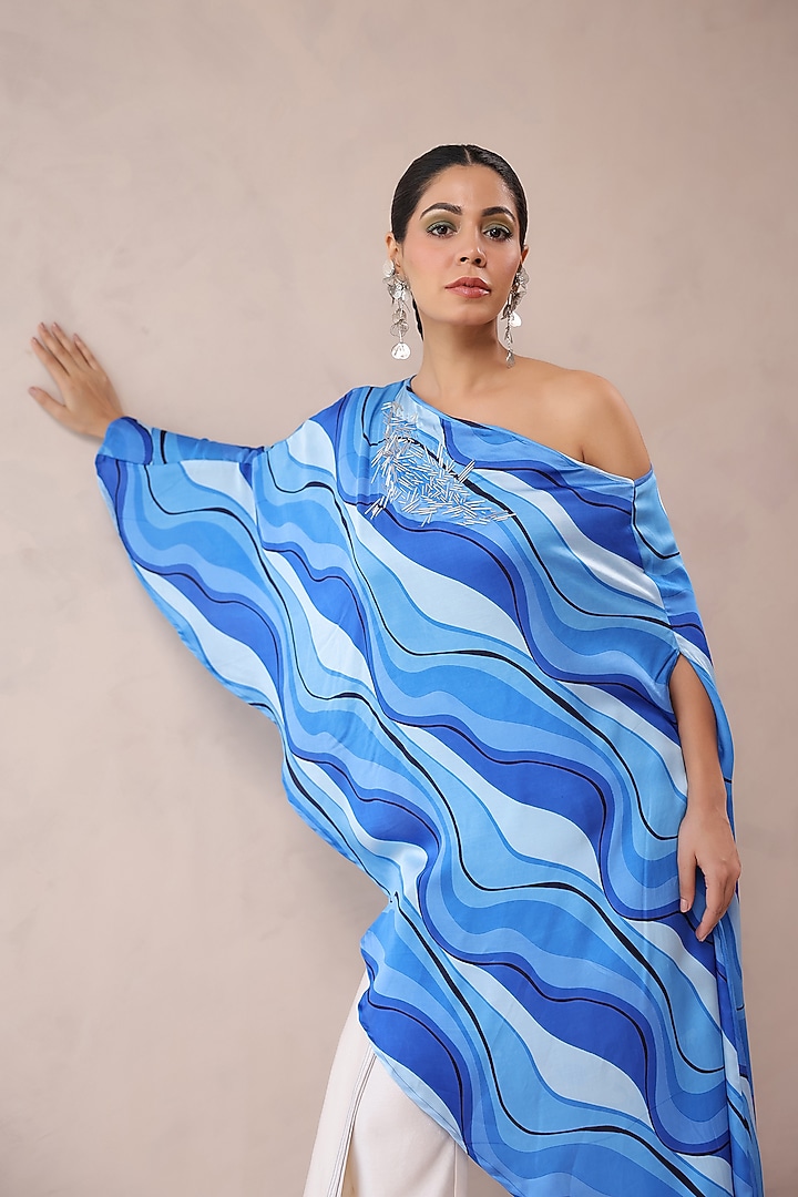 Atlantic Blue Chiffon Leheriya Printed One-Shoulder Cape Set by Pallavi Jaipur at Pernia's Pop Up Shop