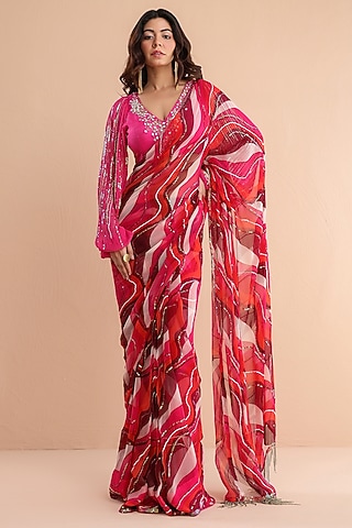 Fuchsia Pink Chiffon Leheriya Printed Pre-Pleated Saree Set by Pallavi Jaipur