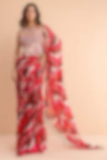 Fuchsia Pink Chiffon Leheriya Printed Pre-Pleated Wedding Saree Set by Pallavi Jaipur at Pernia's Pop Up Shop