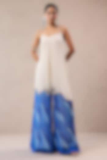 Ivory & Atlantic Blue Wrinkled Crepe Leheriya Printed Jumpsuit by Pallavi Jaipur at Pernia's Pop Up Shop