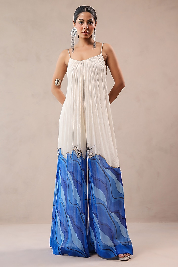 Ivory & Atlantic Blue Wrinkled Crepe Leheriya Printed Jumpsuit by Pallavi Jaipur at Pernia's Pop Up Shop