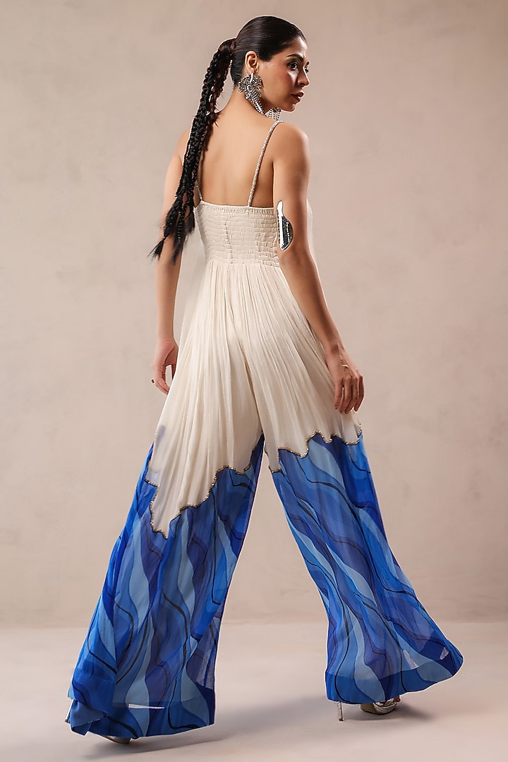 Ivory & Atlantic Blue Wrinkled Crepe Leheriya Printed Jumpsuit by Pallavi Jaipur at Pernia's Pop Up Shop