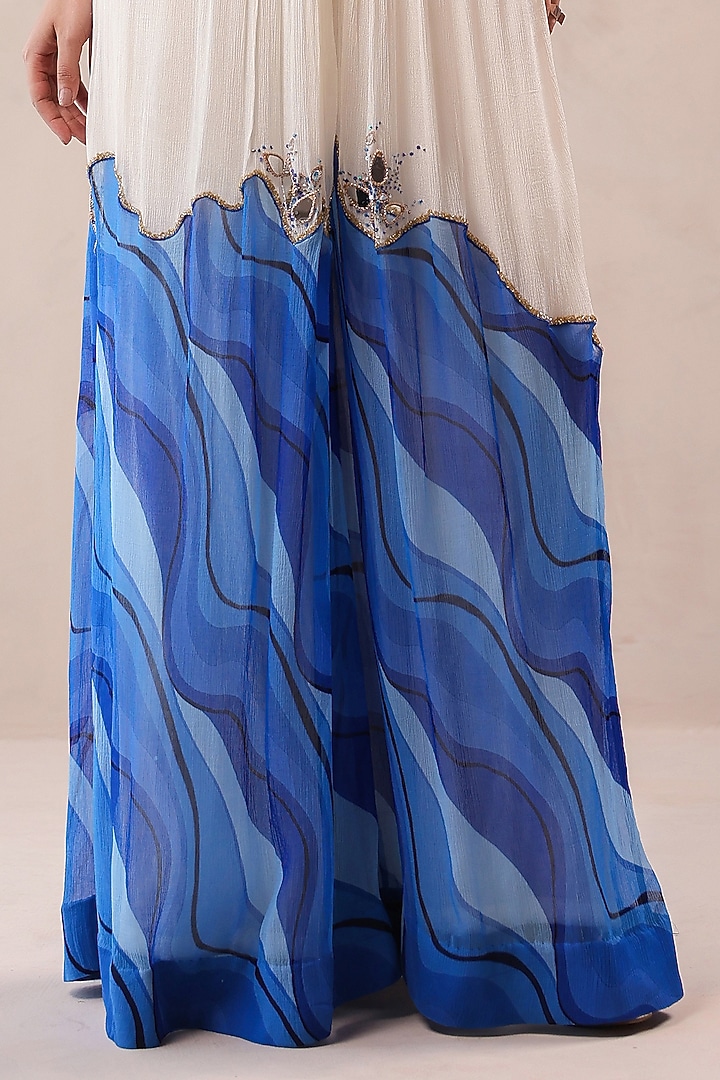 Ivory & Atlantic Blue Wrinkled Crepe Leheriya Printed Jumpsuit by Pallavi Jaipur at Pernia's Pop Up Shop
