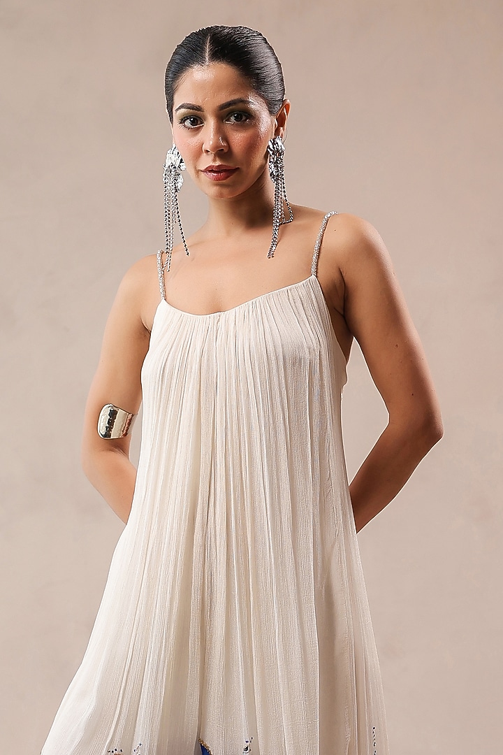 Ivory & Atlantic Blue Wrinkled Crepe Leheriya Printed Jumpsuit by Pallavi Jaipur at Pernia's Pop Up Shop
