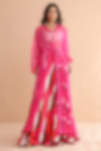 Fuchsia Pink Silk Blend Leheriya Printed Skirt Set by Pallavi Jaipur at Pernia's Pop Up Shop