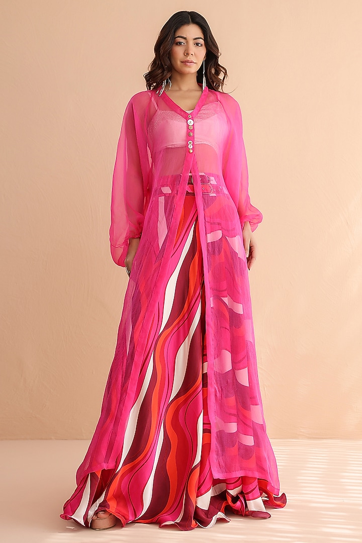 Fuchsia Pink Silk Blend Leheriya Printed Skirt Set by Pallavi Jaipur at Pernia's Pop Up Shop