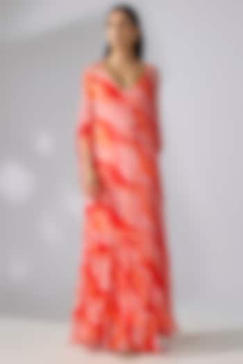 Tangerine Chiffon Leheriya Printed Kaftan With Dress by Pallavi Jaipur at Pernia's Pop Up Shop