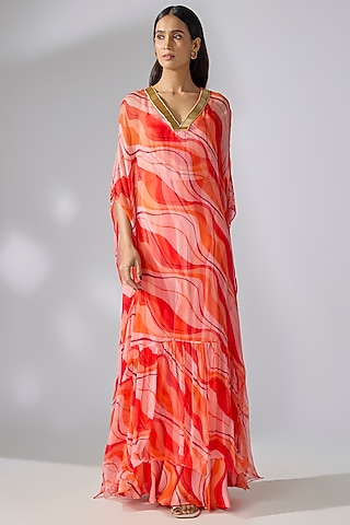 Tangerine Chiffon Leheriya Printed Kaftan With Dress by Pallavi Jaipur