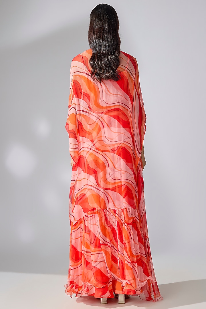 Tangerine Chiffon Leheriya Printed Kaftan With Dress by Pallavi Jaipur at Pernia's Pop Up Shop