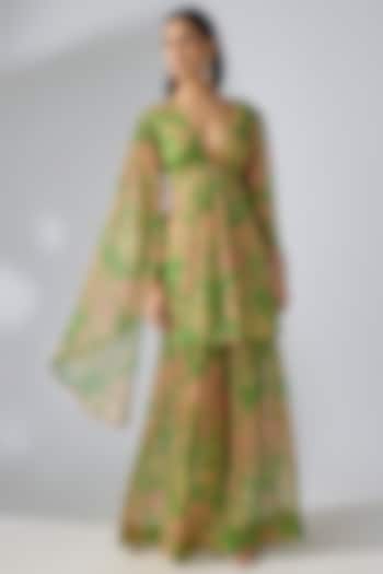 Avocado Green Chiffon Printed Party Wear Sharara Set by Pallavi Jaipur at Pernia's Pop Up Shop