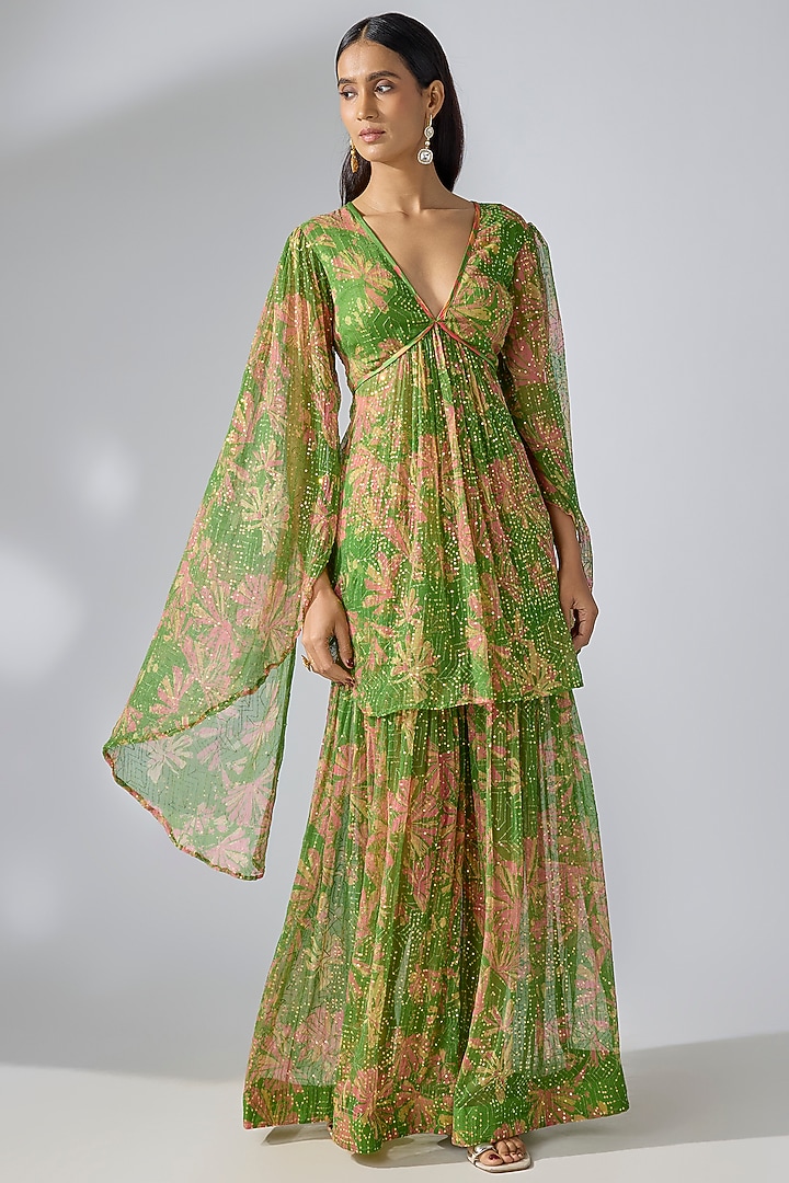 Avocado Green Chiffon Printed Party Wear Sharara Set by Pallavi Jaipur at Pernia's Pop Up Shop