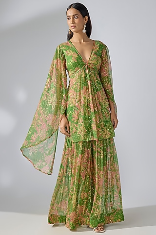 Avocado Green Chiffon Printed Sharara Set by Pallavi Jaipur