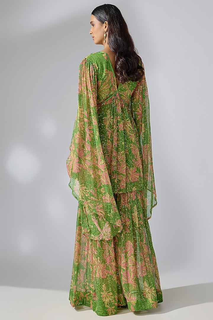 Avocado Green Chiffon Printed Party Wear Sharara Set by Pallavi Jaipur at Pernia's Pop Up Shop