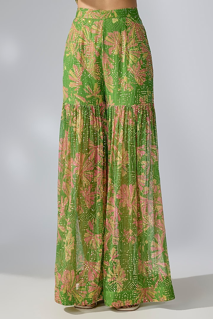 Avocado Green Chiffon Printed Party Wear Sharara Set by Pallavi Jaipur at Pernia's Pop Up Shop