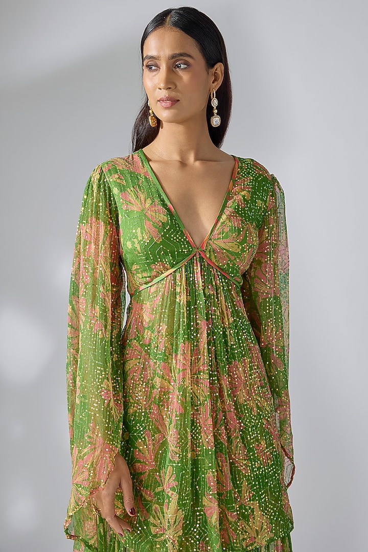 Avocado Green Chiffon Printed Party Wear Sharara Set by Pallavi Jaipur at Pernia's Pop Up Shop