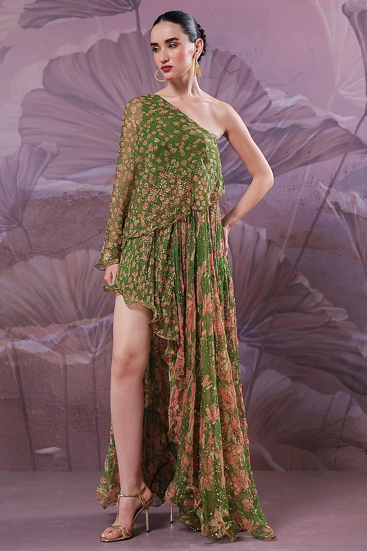 Avocado Green Chiffon Printed One-Shoulder Maxi Vacation Dress  by Pallavi Jaipur at Pernia's Pop Up Shop