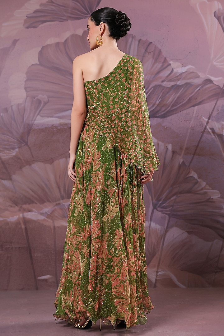 Avocado Green Chiffon Printed One-Shoulder Maxi Vacation Dress  by Pallavi Jaipur at Pernia's Pop Up Shop