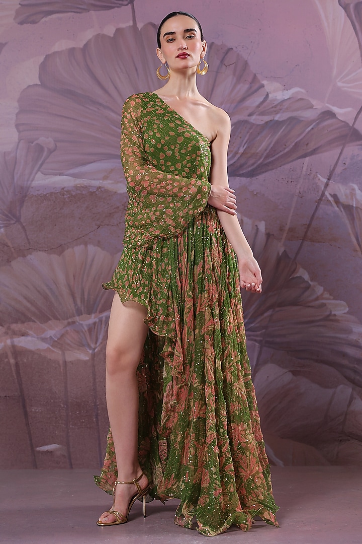 Avocado Green Chiffon Printed One-Shoulder Maxi Vacation Dress  by Pallavi Jaipur at Pernia's Pop Up Shop