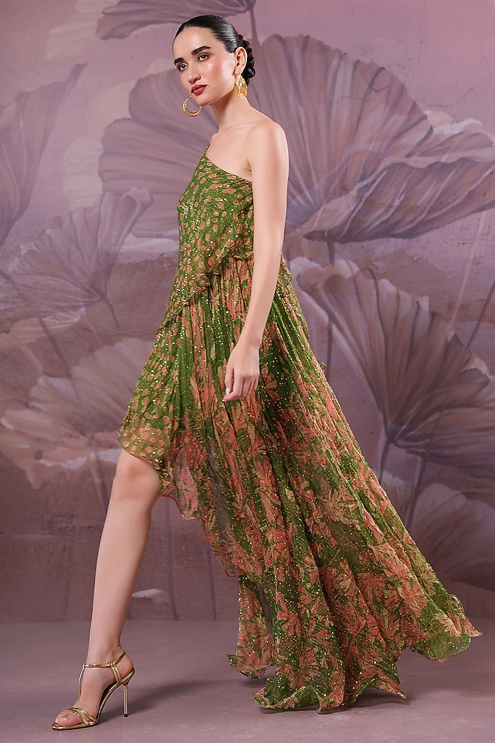 Avocado Green Chiffon Printed One-Shoulder Maxi Vacation Dress  by Pallavi Jaipur at Pernia's Pop Up Shop