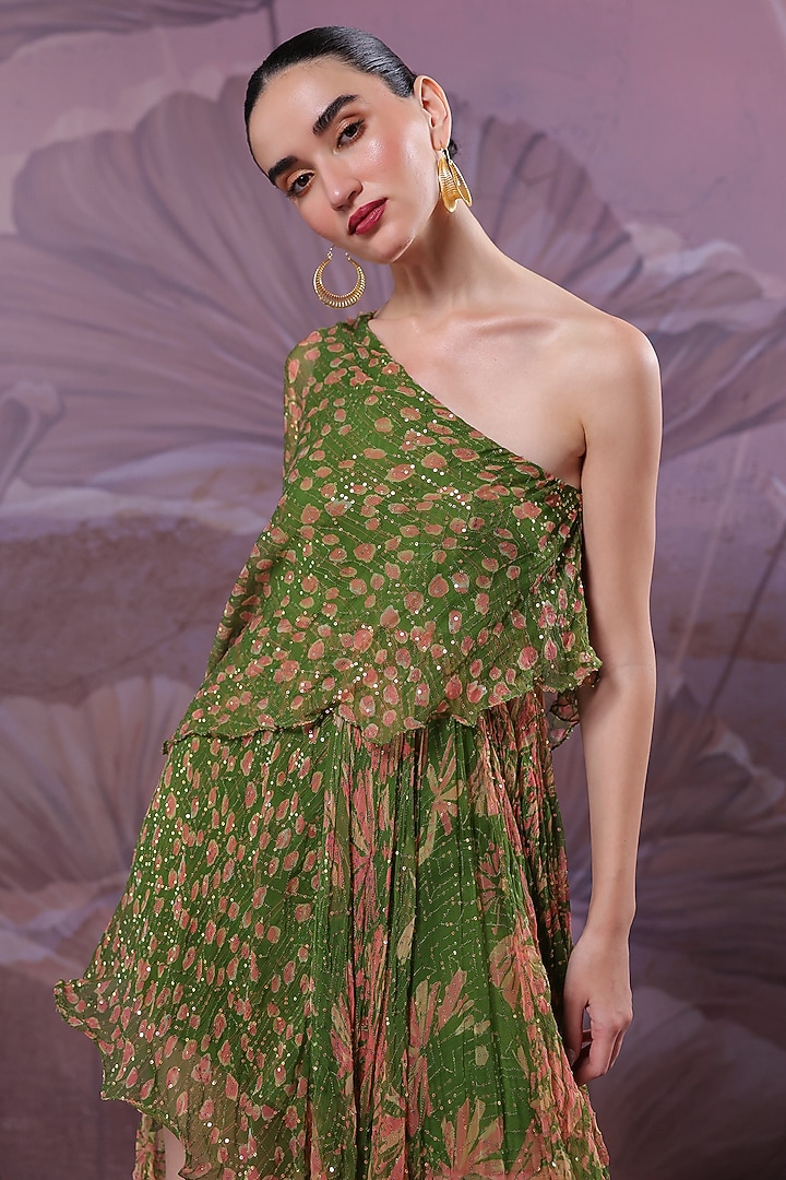 Avocado Green Chiffon Printed One-Shoulder Maxi Vacation Dress  by Pallavi Jaipur at Pernia's Pop Up Shop