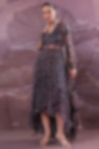 Persian Blue Chiffon Printed Cape Vacation Dress by Pallavi Jaipur at Pernia's Pop Up Shop