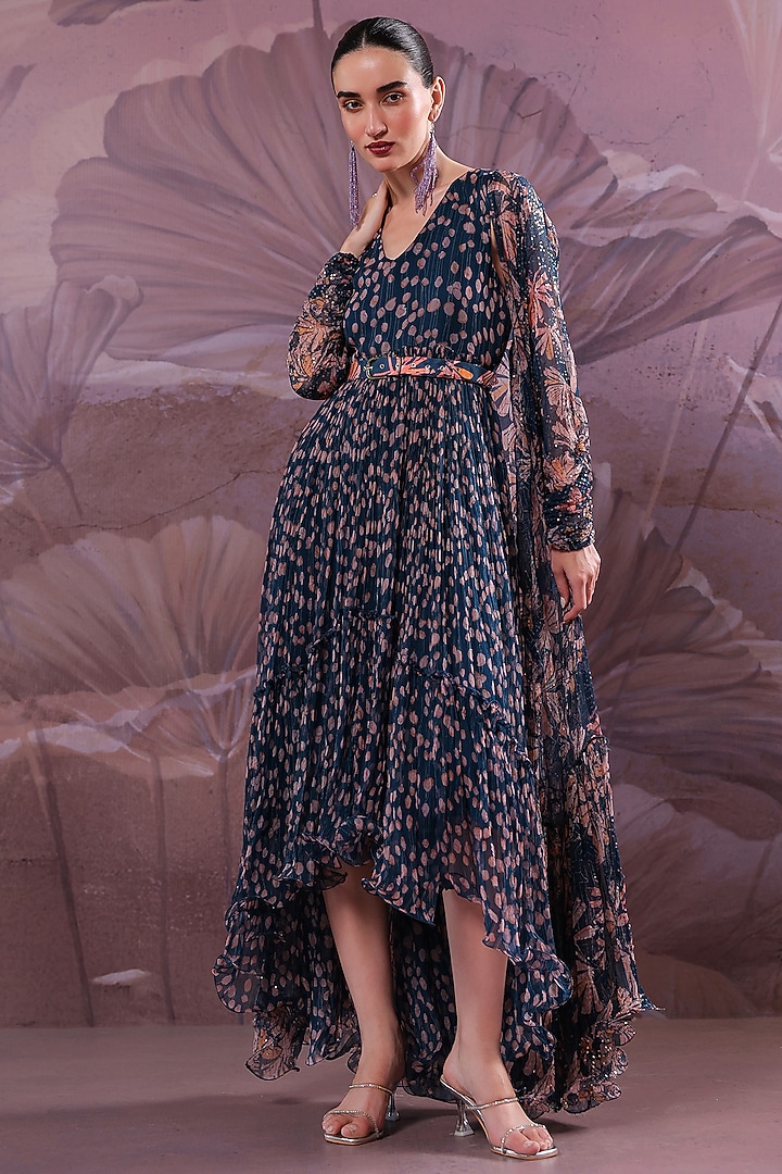 Persian Blue Chiffon Printed Cape Vacation Dress by Pallavi Jaipur at Pernia's Pop Up Shop