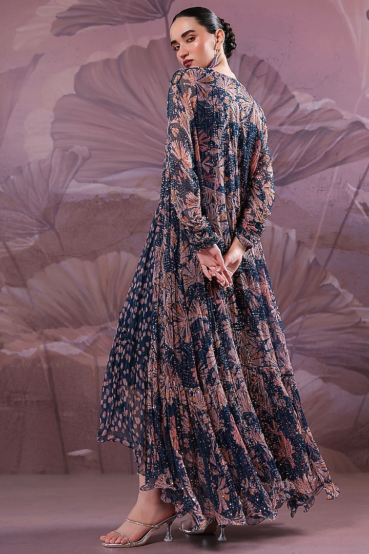 Persian Blue Chiffon Printed Cape Vacation Dress by Pallavi Jaipur at Pernia's Pop Up Shop