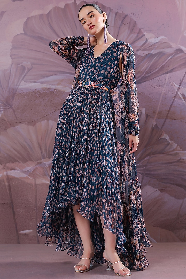Persian Blue Chiffon Printed Cape Vacation Dress by Pallavi Jaipur at Pernia's Pop Up Shop