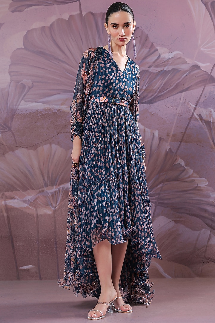 Persian Blue Chiffon Printed Cape Vacation Dress by Pallavi Jaipur at Pernia's Pop Up Shop