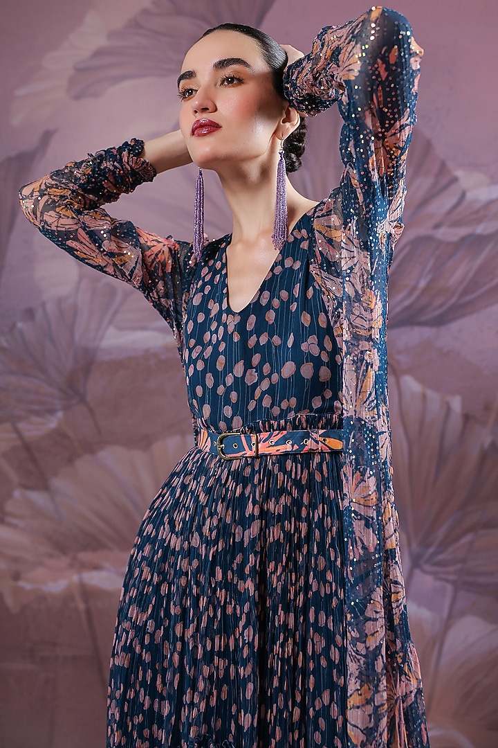 Persian Blue Chiffon Printed Cape Vacation Dress by Pallavi Jaipur at Pernia's Pop Up Shop